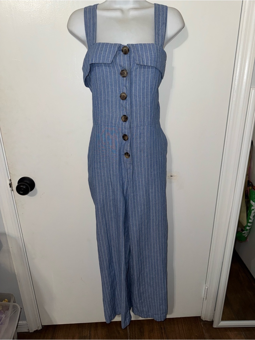 Striped Blue Button-Front Jumpsuit